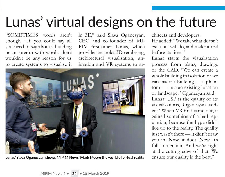 Newspaper article about virtual reality tours technologies presented by Lunas visualization studio at MIPIM 2019 propert show