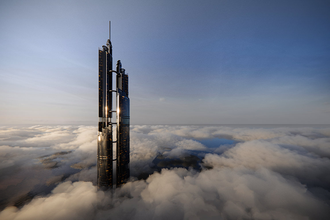 Animated architectural 3D exterior flythrough of a two super-tall split-volume skyscraper towers surrounded by clouds, still image rendering