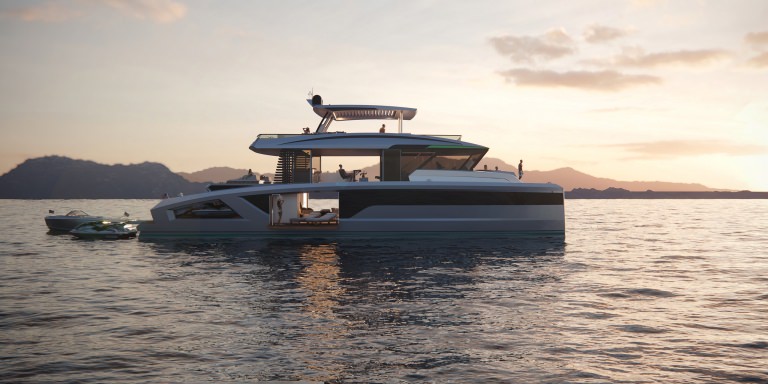 Peaceful 3D visualization of a cruiser super-yacht captured from eye-level in the beams of setting sun tenderly highlights vessel’s refinement in still waters near New York City, USA with an island in the distance