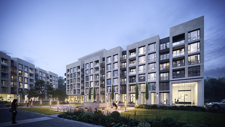 Apartment building architectural rendering with high quality Photoshop post-production