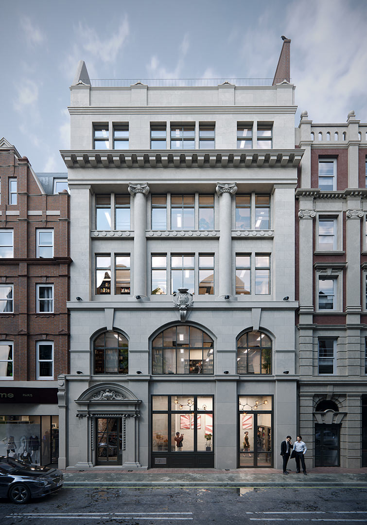 Daytime view Retouched architectural 3d visualization of 5 floor office building with people on the street daytime view