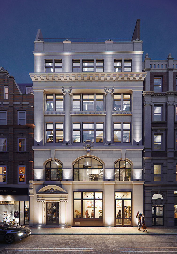 Night view Exterior 3d render office building in the city with people on the street night view