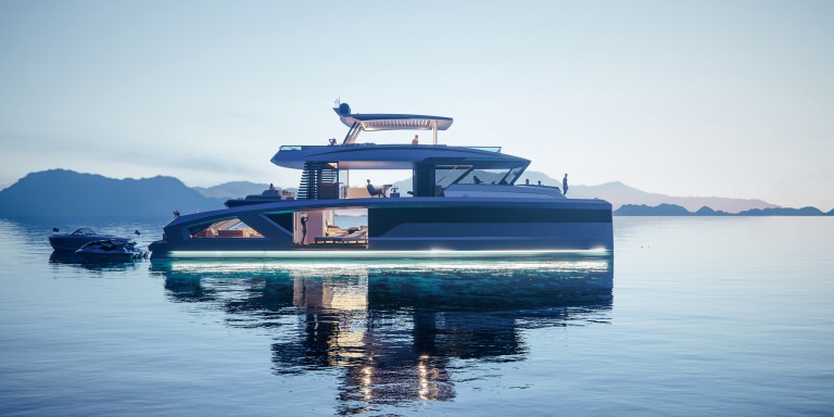 Crisp visualization of a triple-decker boat during the blue hour with a white-light illumination around ship's hull, glowing base and people chilling on the deck in waters of Japan sea