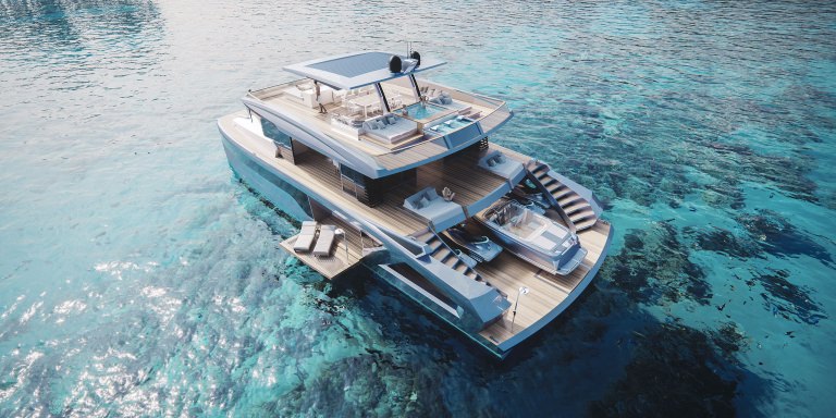 Visualization of a yacht featuring several designated sunbathing areas, lounge, swimming pool, parking for a motorboat and jet skis, depicted in crystal-clear azure ocean waters near Great Britain
