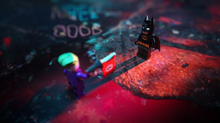 LEGO Batman visualization facing Joker toy rendering inserted into 3D night city visualization