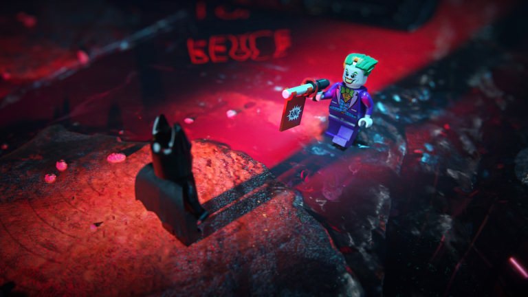 3D LEGO Joker visualization in combat mode with a gun pointed at toy Batman rendering in the night city surroundings