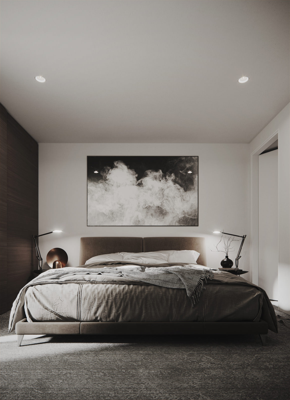 Interior 3D render of a bedroom in full detail: gray herringbone plaid blanket on a bed, hidden storage space behind wooden paneling, convenient adjustable stainless steel bedside lamps on petite designer tables, with the whole space being filled with both artificial and natural light