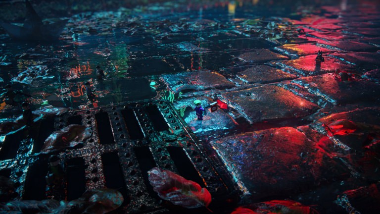 Night city 3D toy rendering with Batman and Joker visualized as mini LEGO action figures, reflecting in the wet paving next to the sewage