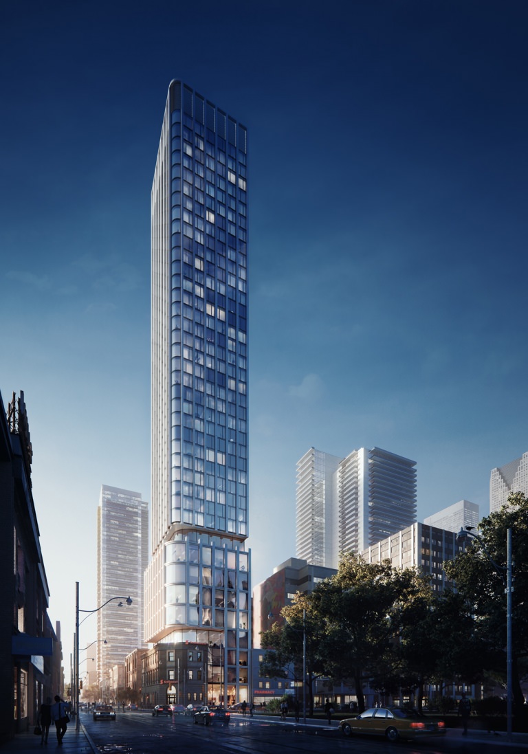 An impeccable exterior rendering of Queen Tower skyscraper in the heart of Toronto city portrayed in the early evening lights reveals the hidden tenderness of the massive high-rise concrete design and its neighboring buildings also fully recreated in 3D