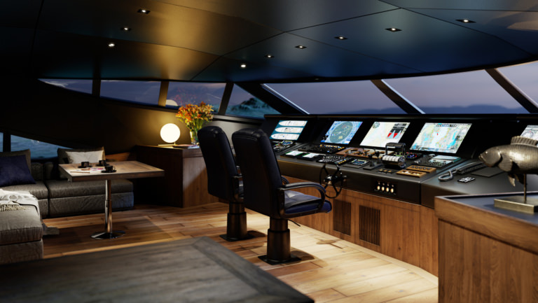 3D rendering of a yacht's captain cockpit with all the controllers, maps and boat schemes on various screens next to a sofa and a coffee table, visualized at dusk with artificial cabin light on