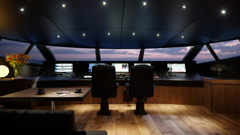 3D render of a superboat inside captain's cabin with a massive dashboard featuring various buttons and levers for boat steering, as well as maps and technical info on the vessel