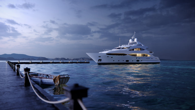 Hyper-realistic 3D luxury yacht rendering visualized reaching the pier during blue hour