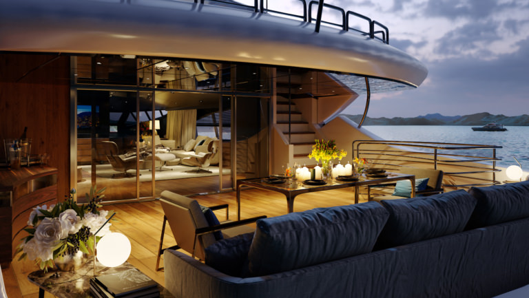 Luxury yacht rendering, visualized from the guest cockpit with dinner served on a glass table adjourned with fresh flowers and candles with sky lounge visible in the background