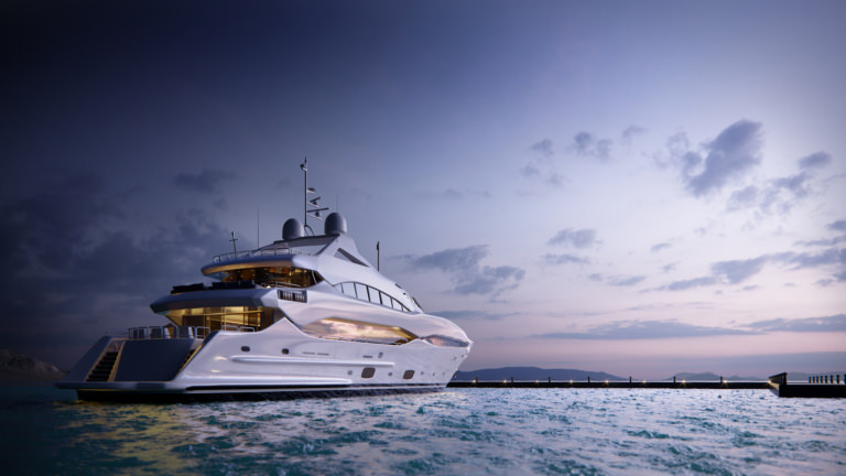 Photo realistic visualization of large super yacht is moored near the pier against the backdrop of the setting sun