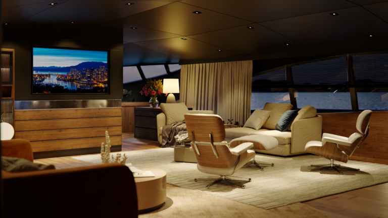 Photorealistic 3D visualization of the yacht sky lounge looking onto linen-upholstered beige sofa and leather chairs