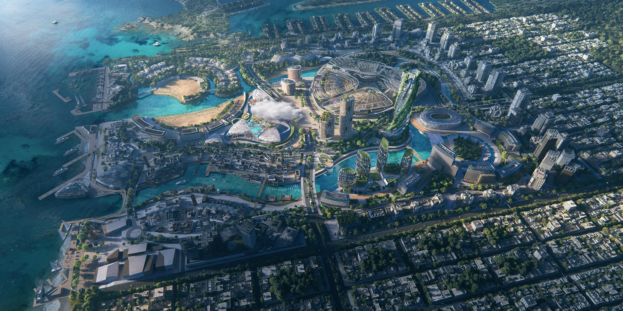 Massive 3D exterior aerial visualization of a to-be-built island megapolitan cityscape video