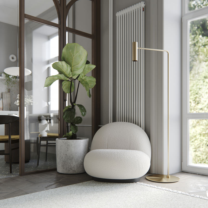The delicious comfy marshmallow lounge chair and the salty-sticks-looking standard lamp flavored with the greenery literally whet your appetite and invite you to move further to the kitchen area.