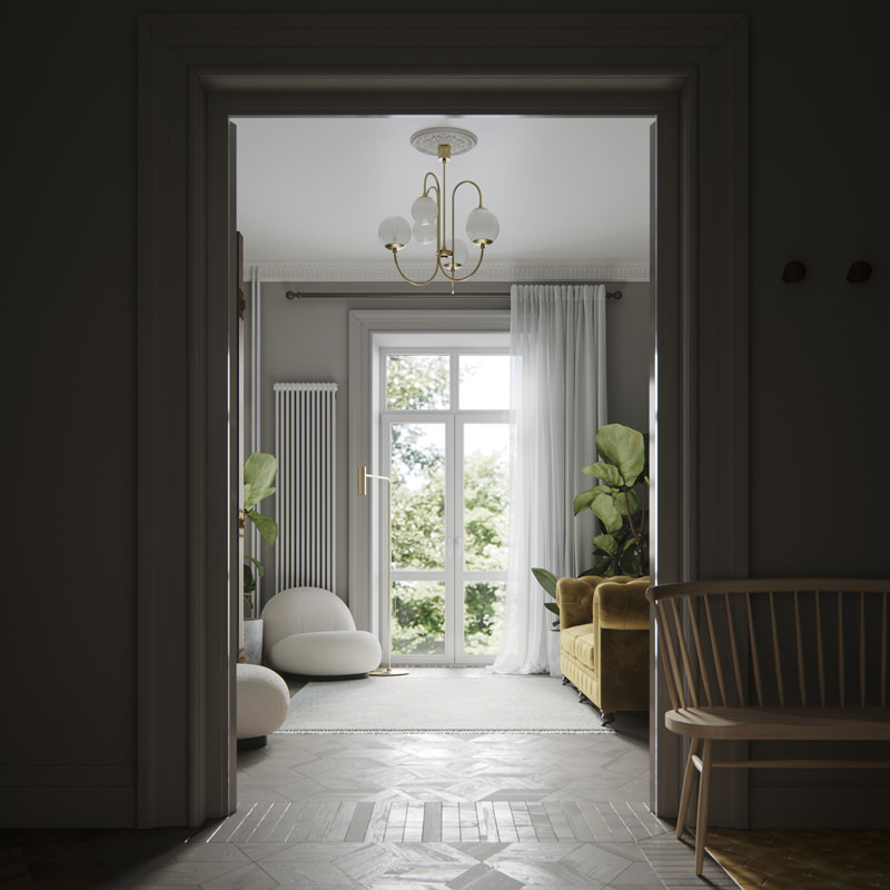 Minimalism and white shades aesthetic of 3D rendered interior is so welcoming and soothing. It lures you to go further through the portal and make yourself comfortable on the mustard yellow chilling sofa.