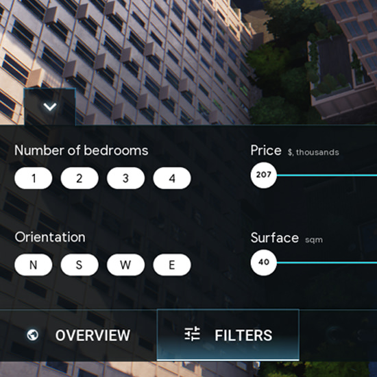 Multiple apartment selection filters including price, surface, orientation, number of bedrooms, etc.