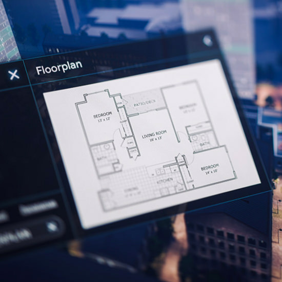 Pop-up card with detailed floorplan of the selected apartment and condo information