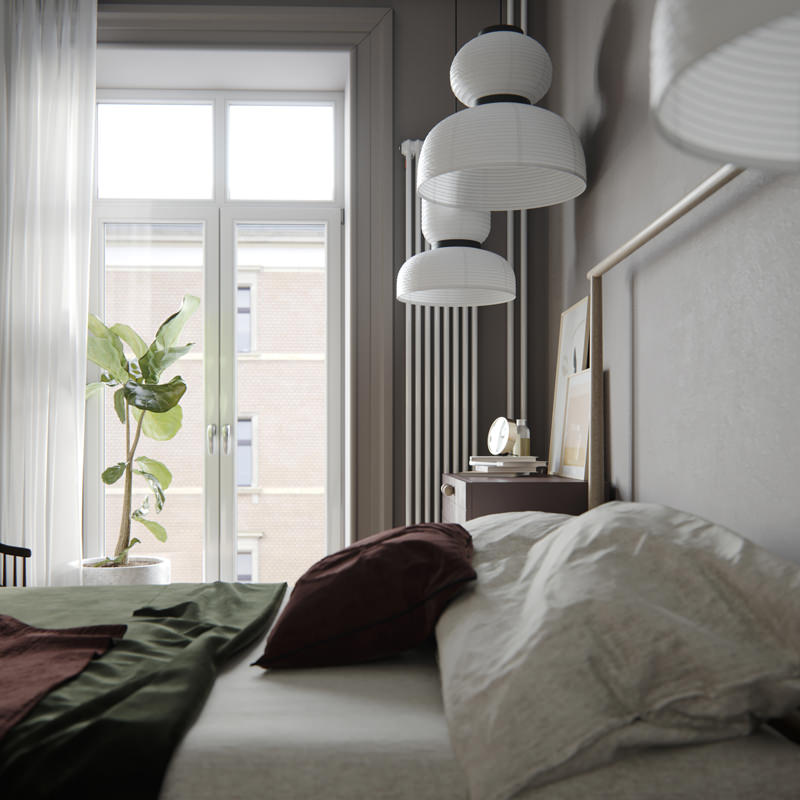 The pendant ceiling lamps create a feeling of a cloudy sky and when the time comes the lamps will illuminate the bedroom and the color composition of the 3D rendered sleeping area will play out in a fresh light.