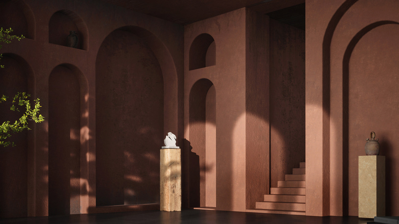 An eye-level rendering of a hall with chestnut-brown walls pierced with arches matching the stairs and floor covering