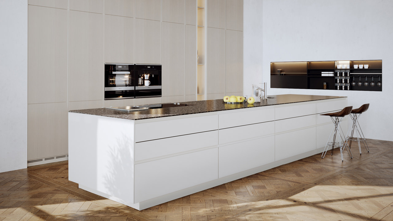 A light-colored kitchen furniture collection comprised of cream floor-length modular cabinets and white base cabinets with a brownish benchtop