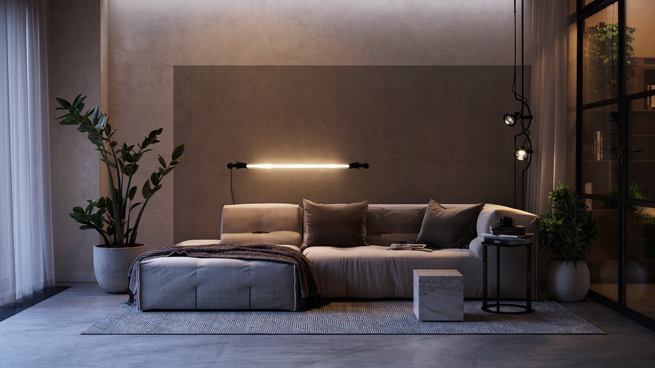 Sitting room configuration with a wall light fitting of round shape and an off-white dope lamp on the floor created with the help of CGI technology