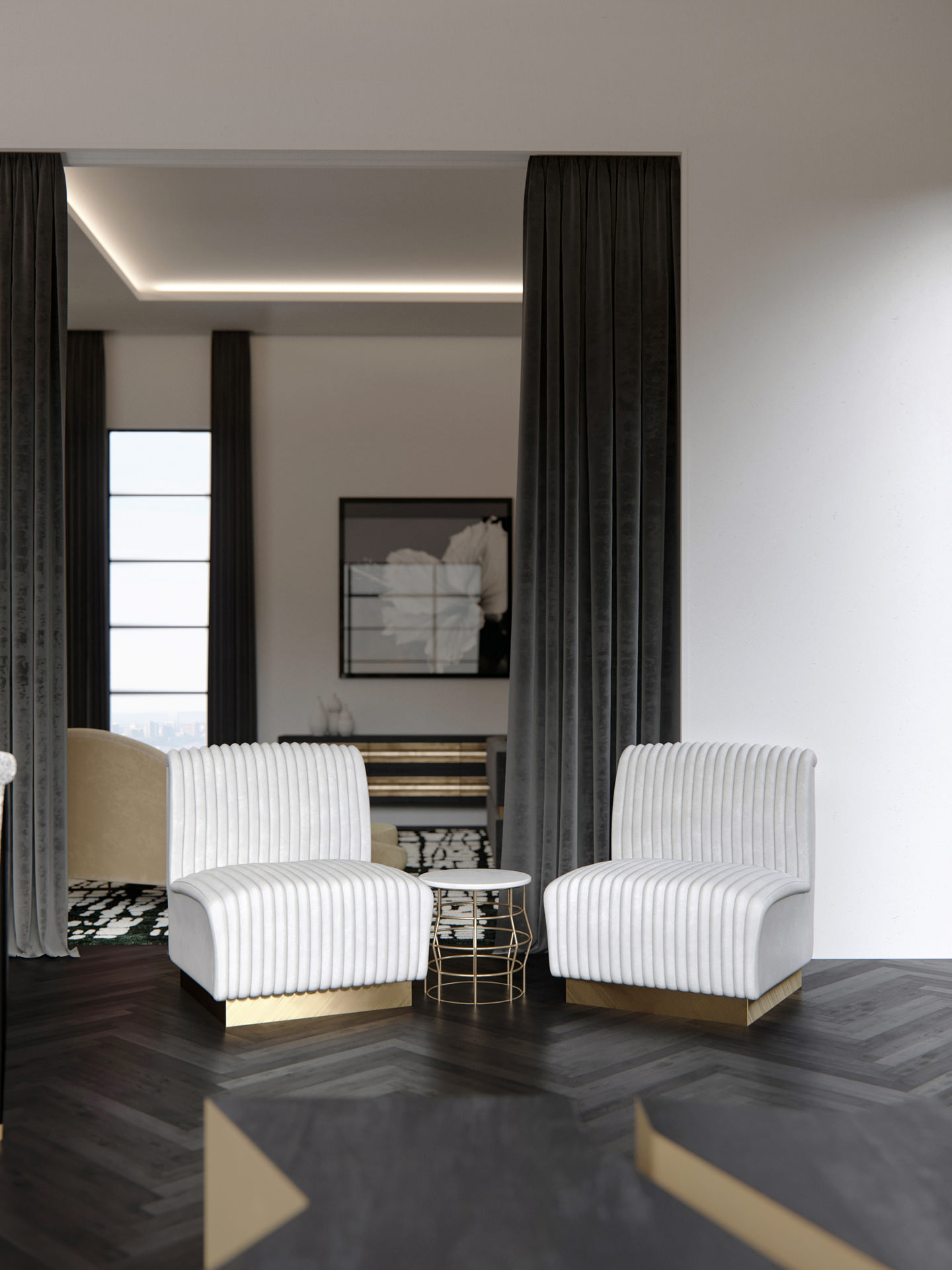 3D furniture rendering of two trendy leather armchairs and a golden grid-based side table in a loft interior