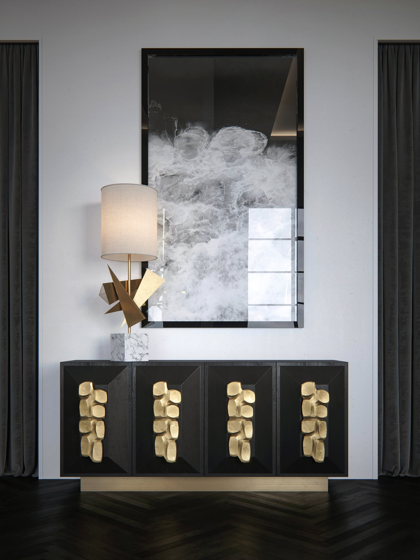 3D furniture rendering of a black wooden cabinet with golden stone-like handles with an artpiece lamp standing on top of it and a black-and-white photo of the ocean waves hanging in the minimalistic black plastic frame