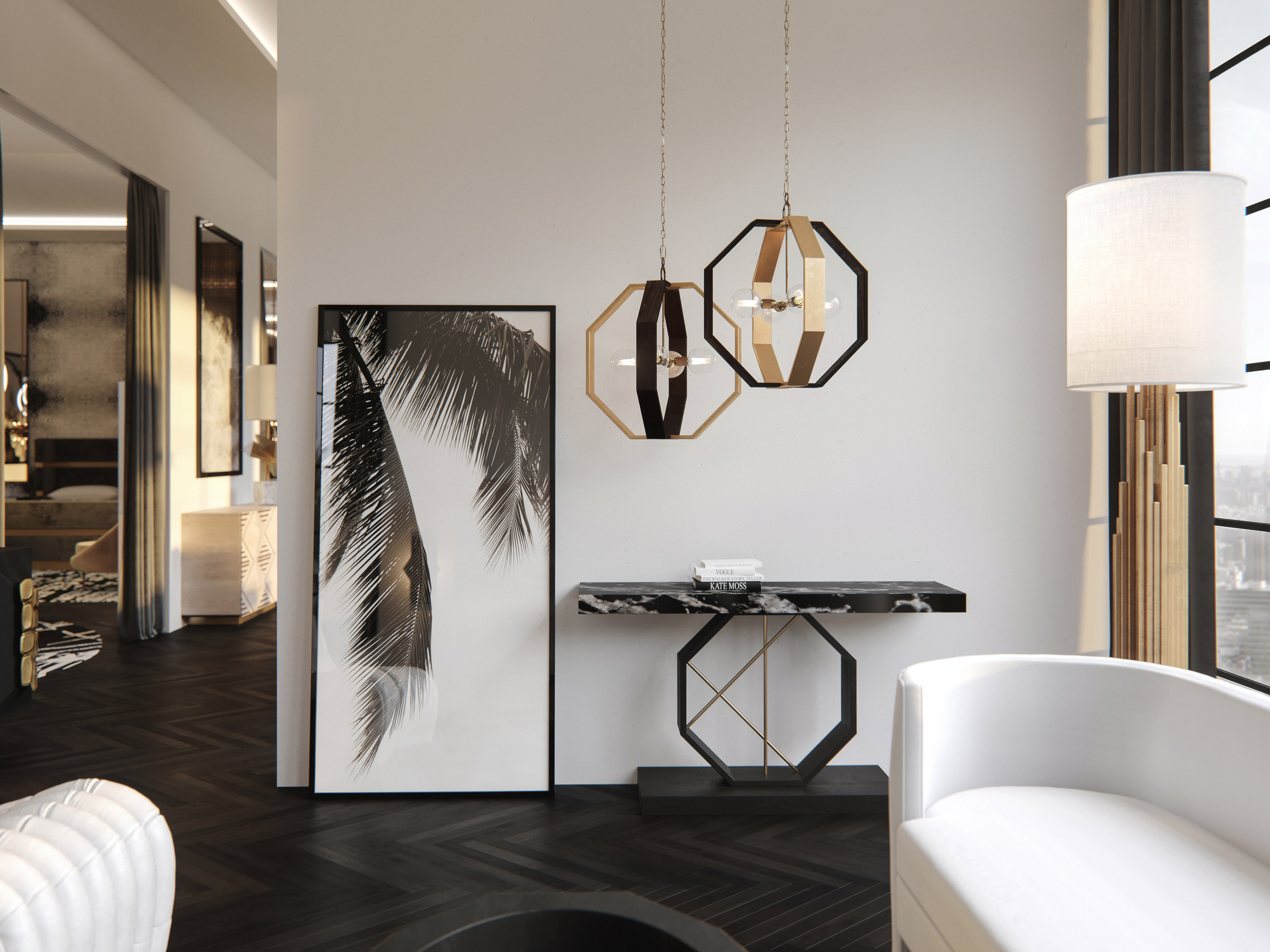 3D interior closeup on the side table with a geometrical base and marble top with double octagonal lighting pendants and a palmtree black and white photo