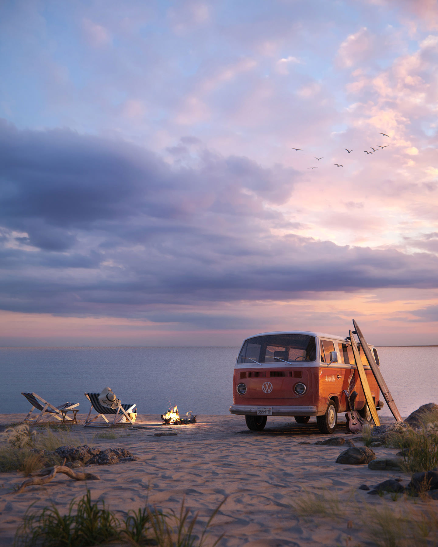 Photo realistic render of a red retro van parked next to lounge chairs and a campfire on the beach making it a comfortable place to enjoy the sunset over the ocean