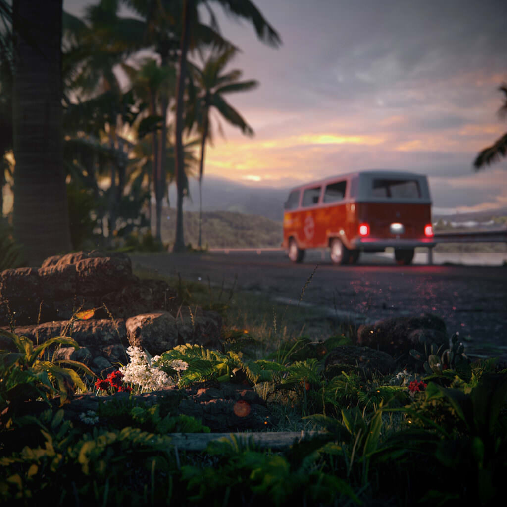 3D visualization of roadside greenery with the main focus on red and white plants that match the colors of a vintage van driving down a curvy road on the background