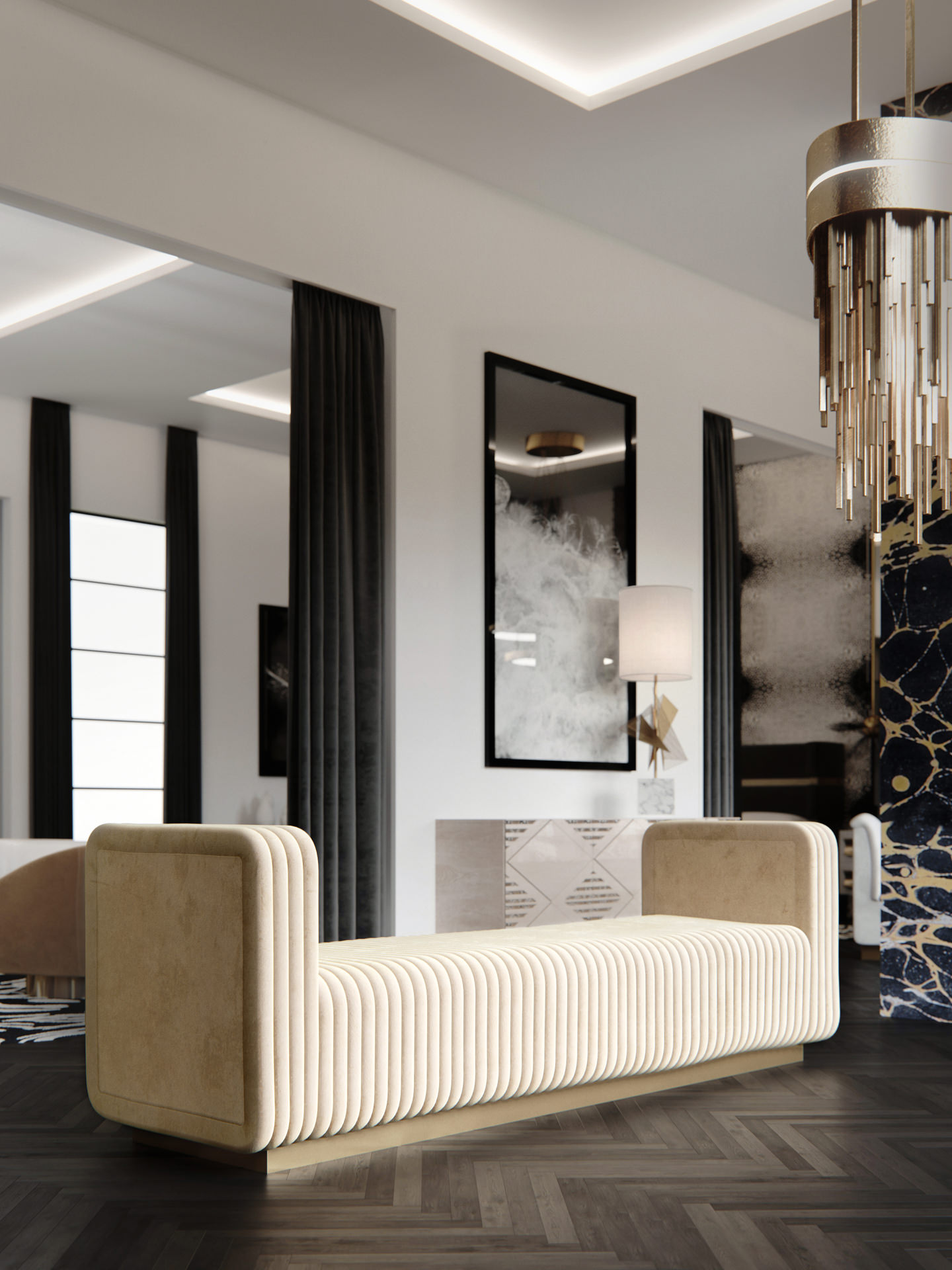 Furniture visualization of a designer ribbed cream suede sofa on the foreground in the black and white interior