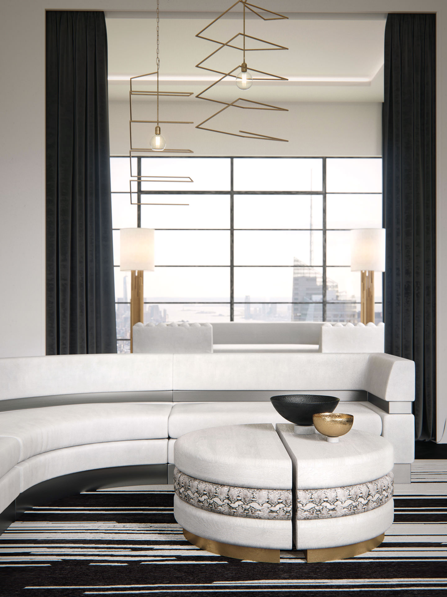 Closeup 3D furniture visualization of a modern white leather sofa and a three-layered leather designer table with two vases on it