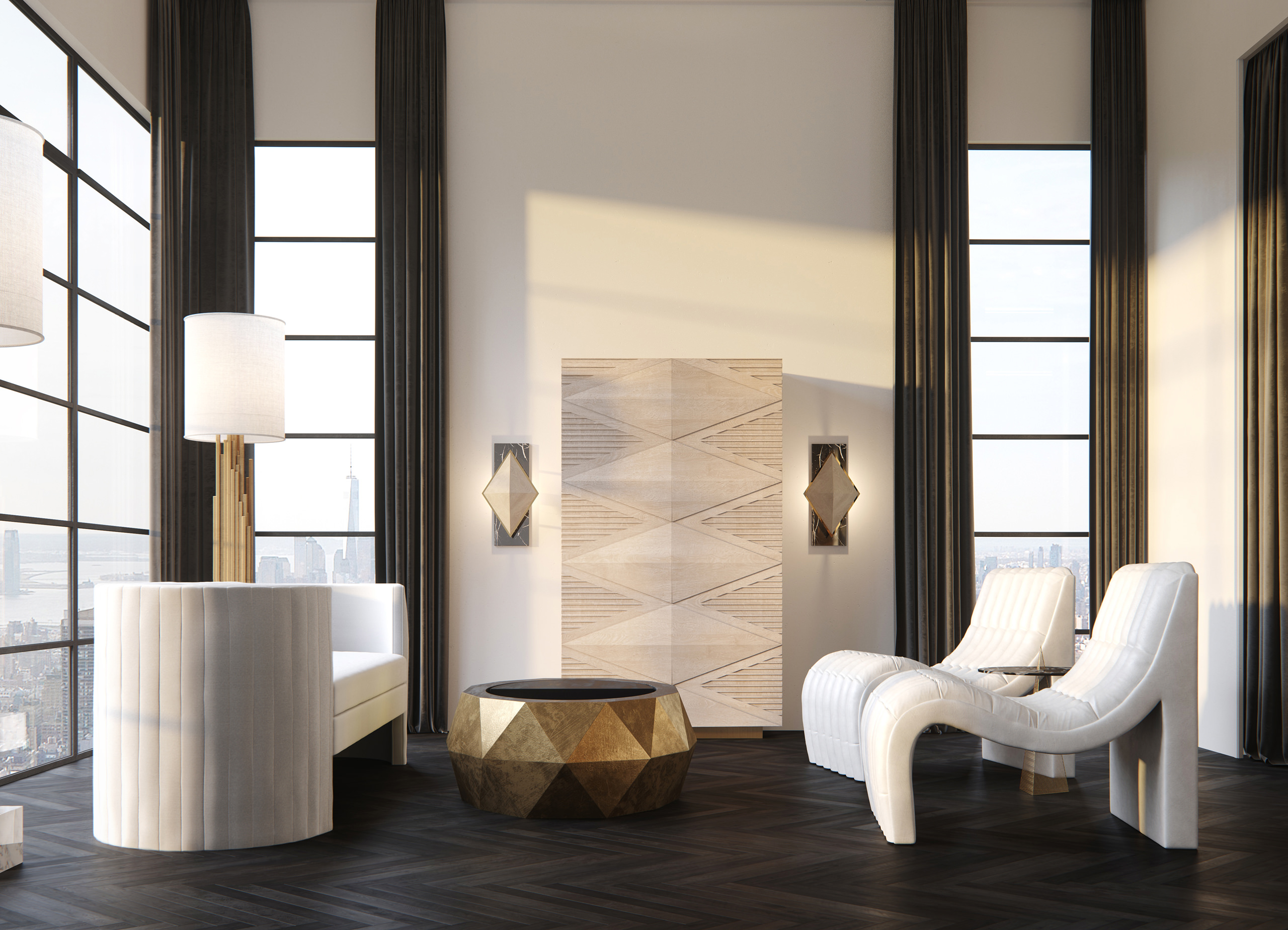 3D interior render of a New Tork show-room with floor-to-ceiling windows, curved artsy leather armchairs, white suede sofa and a diamond-shaped golden table in between them