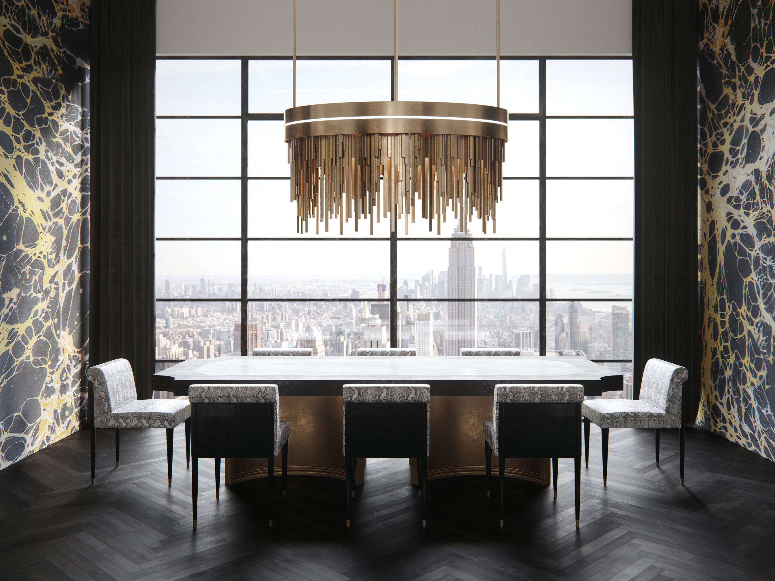 3D interior visualization of a dining room in a loft-styled show-room condo with a massive wooden table in the centre, snake leather upholstered dining chairs surrounding it