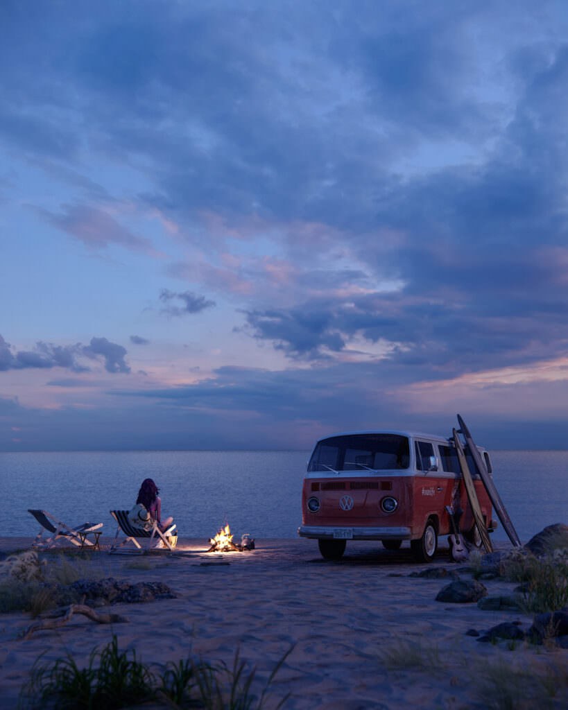 An eye-level dusk 3D visualization of the ocean and the sand beach where a woman is sitting crosslegged on the lounge chair near the cozy campfire and her faithful companion - her red travel van - enjoying her vacation