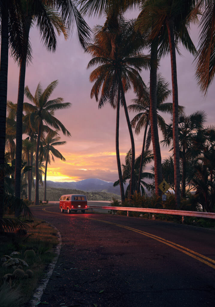 Sunset 3D rendering of an old school Volkswagen camper van traveling on a twisting road surrounded by palm trees that runs straight up to the mountains coated with thick forest