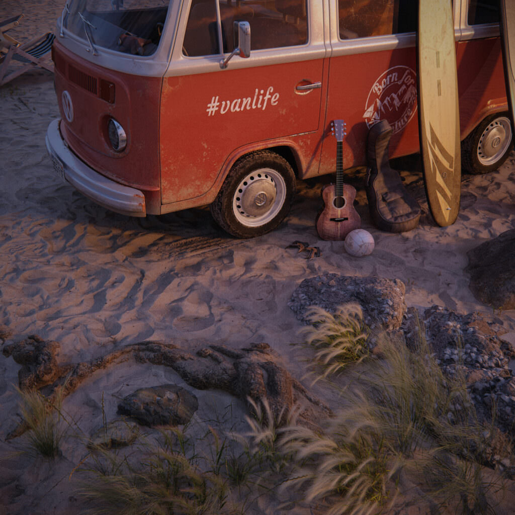 A 3D rendered close-up of a red and white Volkswagen camp van parked on the sand beach with surfboards and an acoustic guitar leaning on its left wing