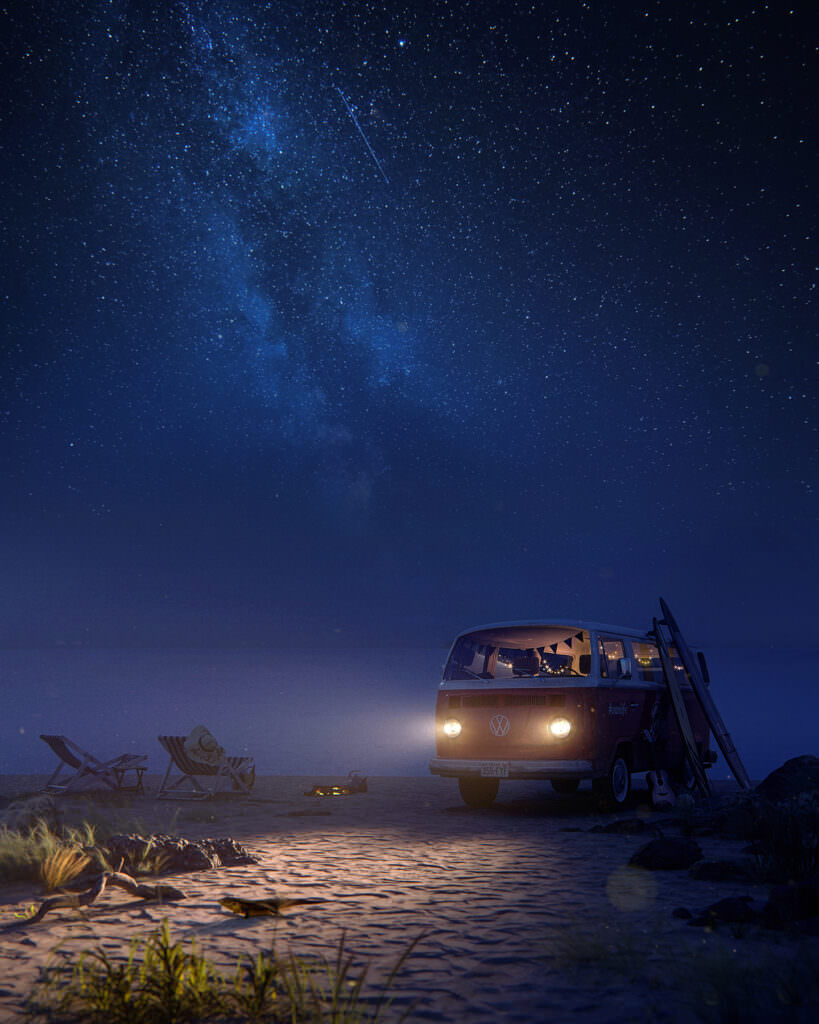3D rendering of a red vintage van with headlamps illuminating the sand beach under the sky full of stars