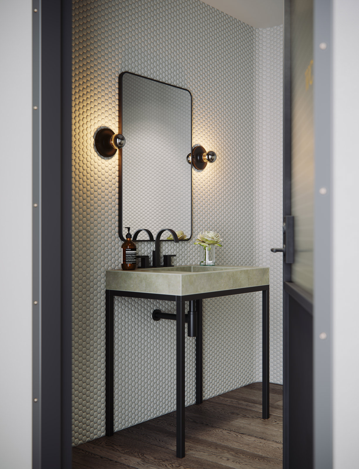 3D rendering of an off-white stone sink installed on a black steel construction with a mirror and two sconces over it in a light bathroom interior