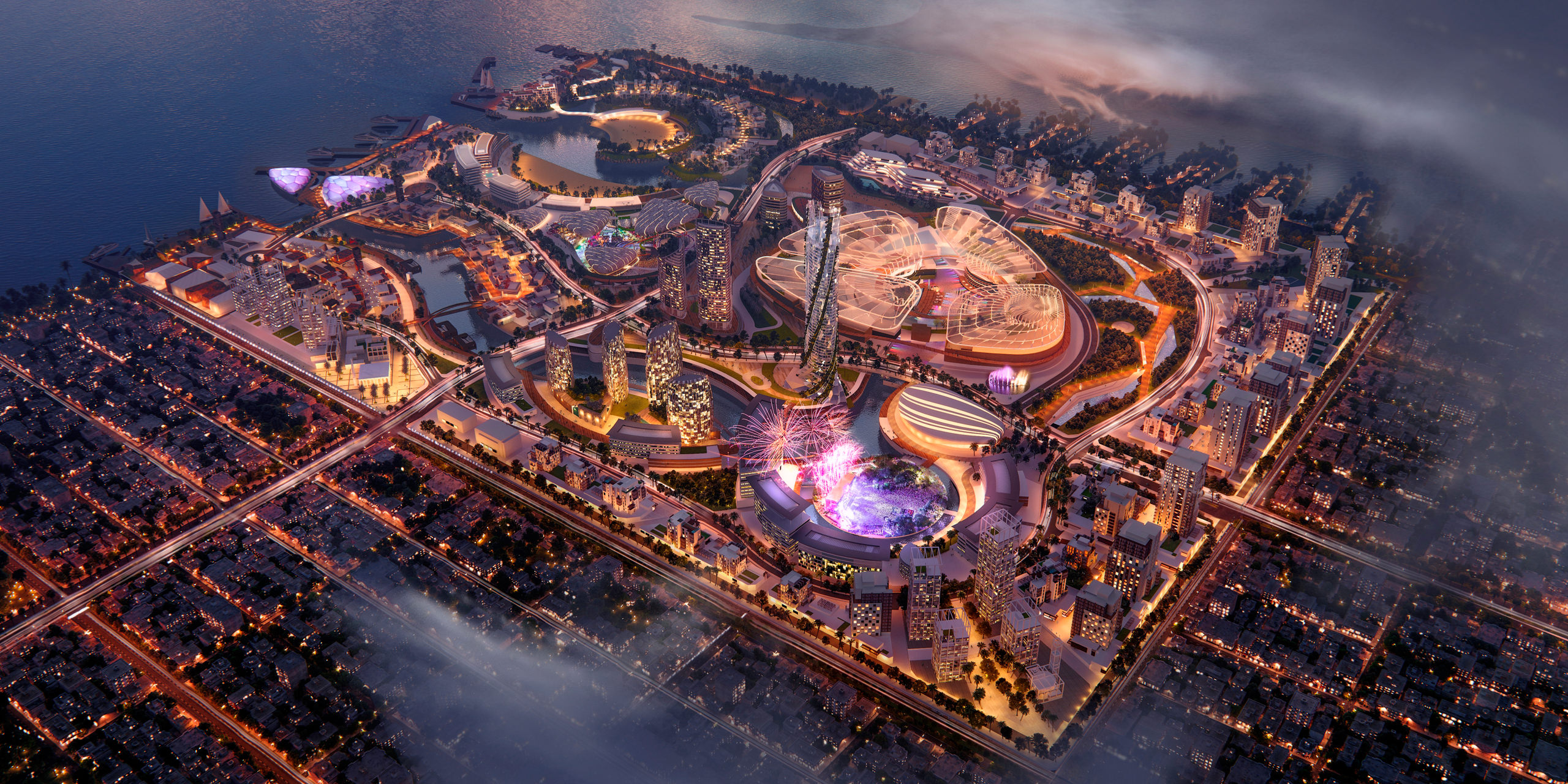 3D rendering of modern illuminated residential district with a water park from a bird’s eye perspective at night