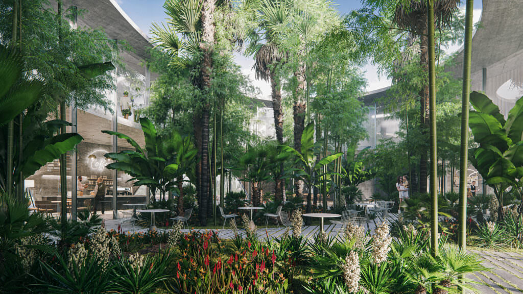 Architectural 3D visualization of a business center patio with several tropical garden islands surrounded by cafes and offices rendered under the open sky in the light of day