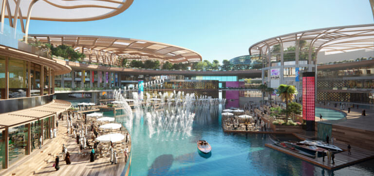 3D rendering of a premium-class shopping mall with low window sills on the water with several spouting fountains