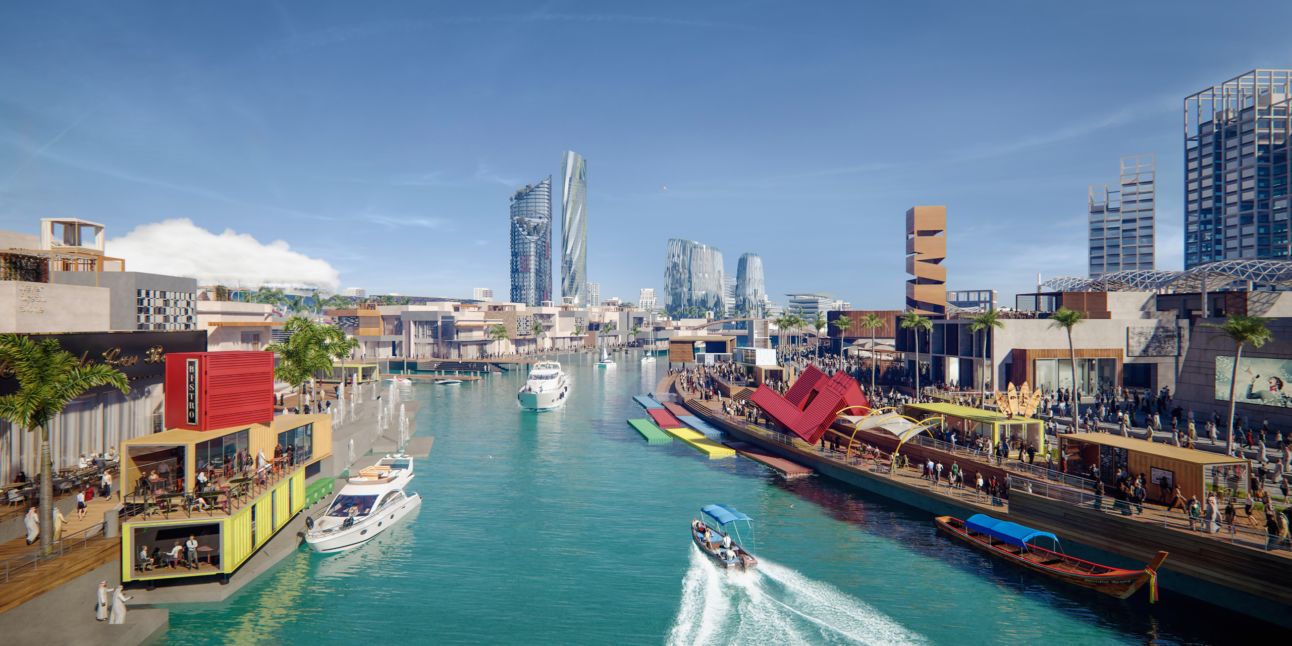 3D visualization of several retail shops by a water canal with several boats and skyscrapers in the background