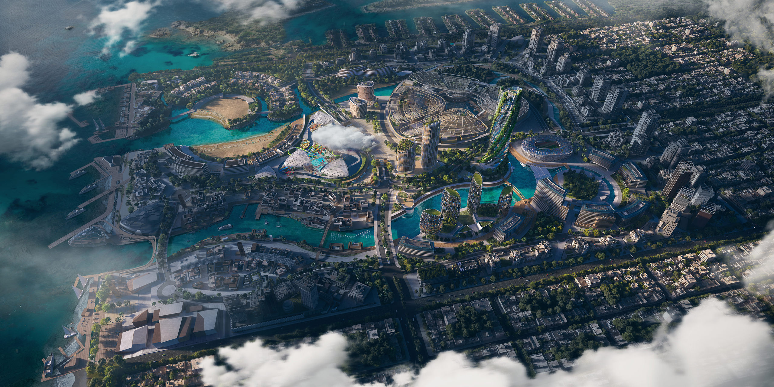 Aerial view created with the help of CG of multiple skyscrapers surrounded by a water park in the context of a developed futuristic residential district on the Red Sea