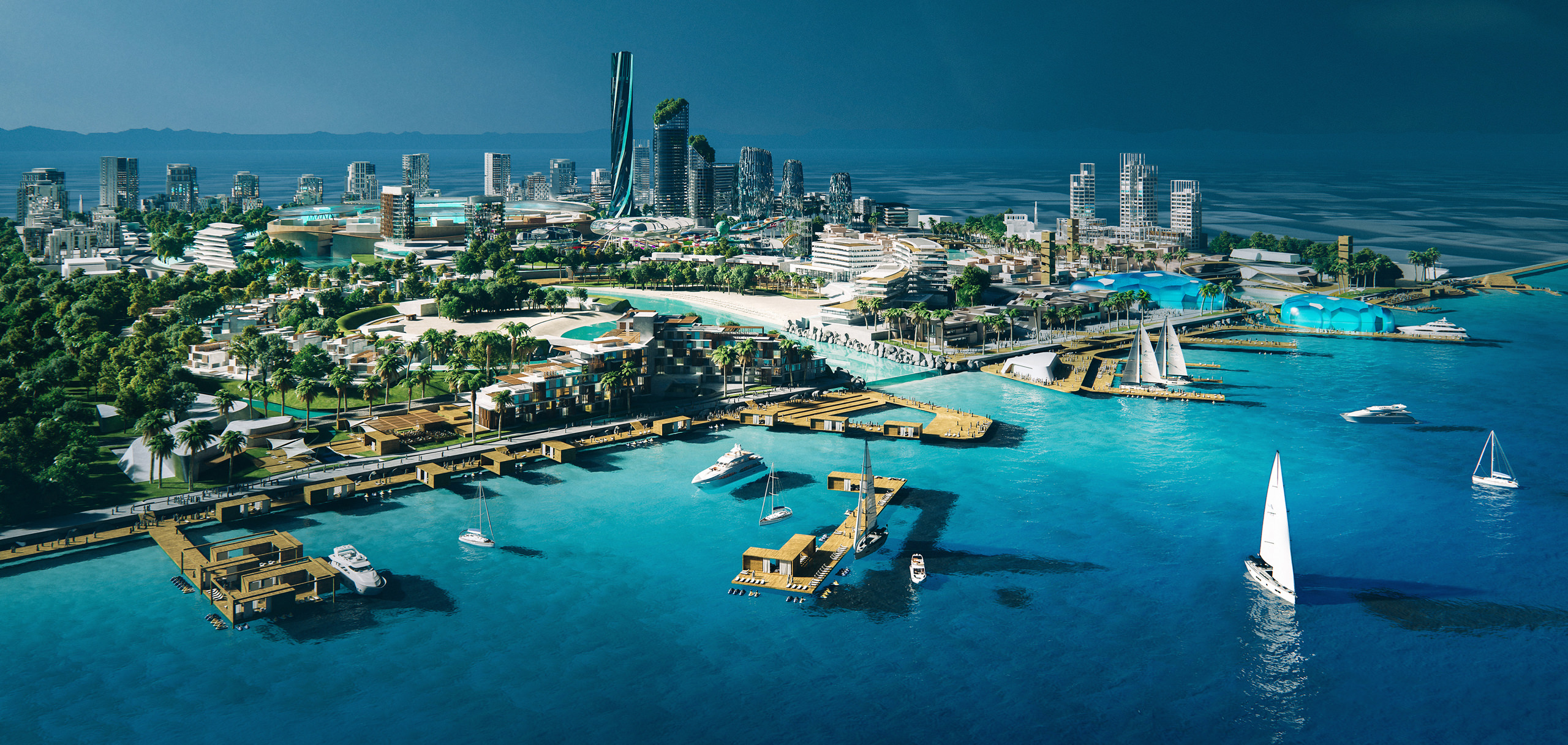 Bird’s eye visualization of residential district with multiple skyscrapers surrounded by greenery rendered by crystal blue waters of the Red Sea