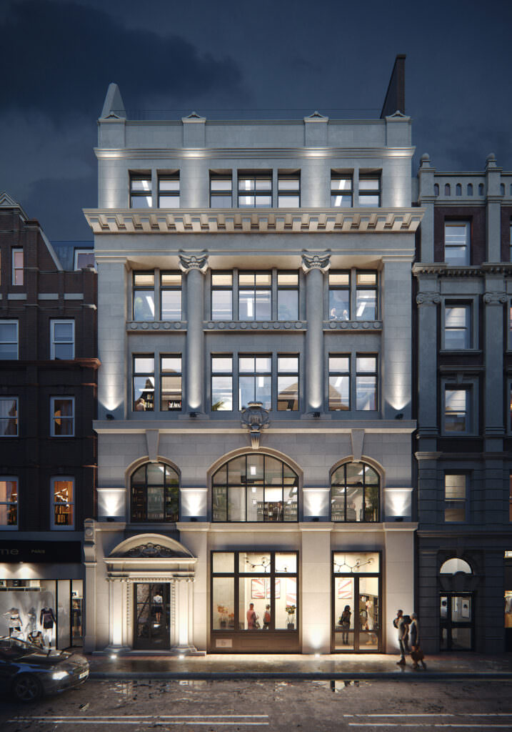 Dusk 3D rendering of an off-white renovated building in London lit with floodlights on all levels