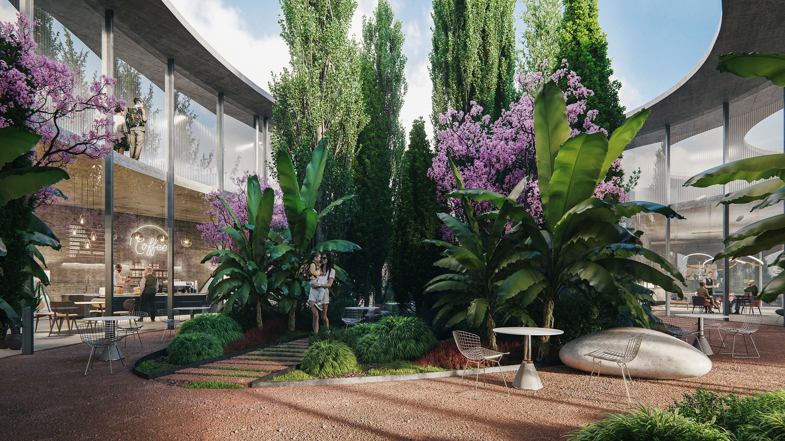 Eye-level 3D rendering of an outdoor garden-like courtyard with tall green and pinkish trees in business center, Perpignan, France